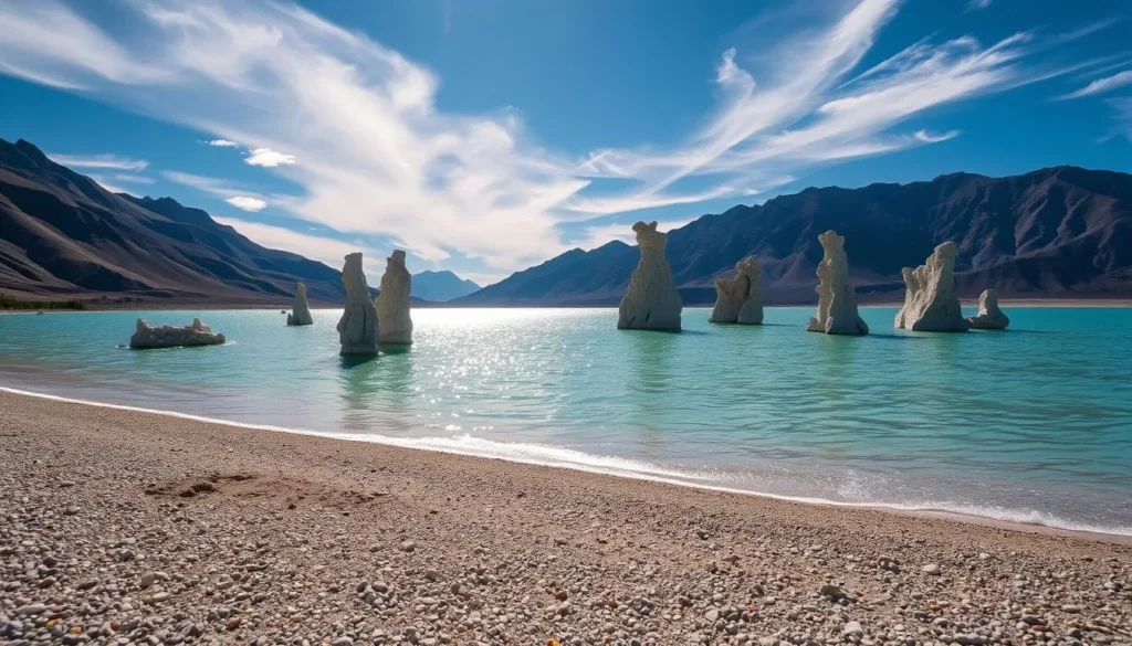 A serene shore of Mono Lake in California, with its iconic tufa towers rising from the calm, turquoise waters. Sunlight filters through wispy clouds, casting a warm glow over the scene. In the foreground, fine gravel and sand lead the eye towards the shimmering lake, while in the middle ground, the towering tufa formations stand tall, their intricate shapes and textures inviting closer inspection. The background features the dramatic, rugged mountains that frame the lake, creating a sense of scale and depth. The overall mood is one of tranquility and natural wonder, perfectly capturing the essence of this unique and captivating destination.