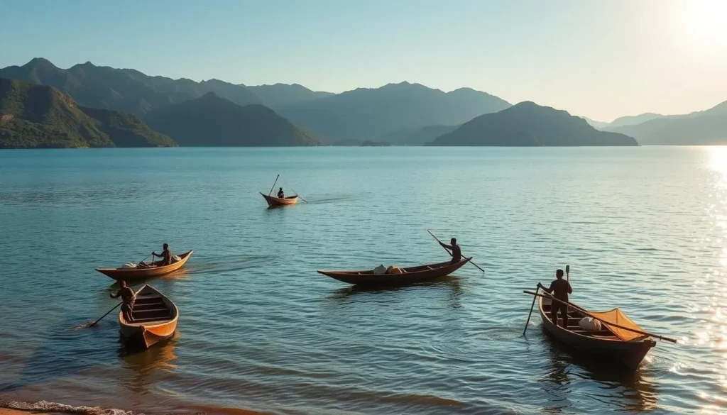 A serene shoreline of Lake Tanganyika, with traditional wooden dhows gently floating on the calm, azure waters. In the background, lush green hills and mountains rise, casting soft shadows across the lake. The sun is high in the sky, illuminating the scene with a warm, golden glow. In the foreground, local fishermen skillfully navigate their boats, casting their nets and hauling in the day's catch. The atmosphere is peaceful and tranquil, reflecting the rhythmic ebb and flow of daily life along the shores of this majestic African lake.