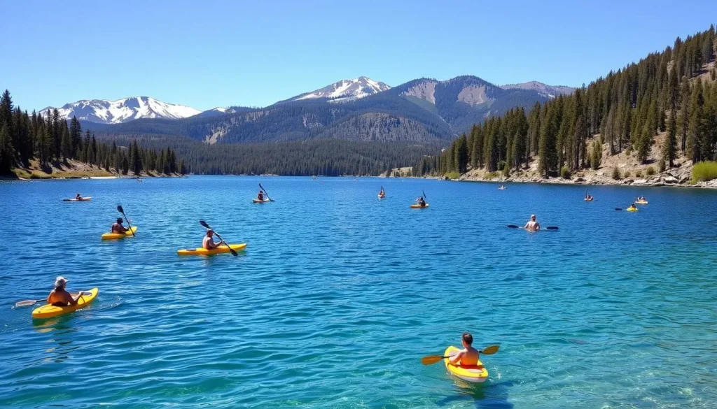A serene spring day at Lake Tahoe, California. The crystal-clear blue waters of the lake are surrounded by lush, verdant mountains bathed in soft, golden sunlight. In the foreground, people are kayaking, paddleboarding, and swimming, enjoying the mild weather and the tranquil, reflective surface of the lake. In the middle ground, hikers and mountain bikers explore the nearby trails, taking in the stunning vistas. The background features snow-capped peaks and evergreen forests, creating a picturesque, idyllic scene. The overall mood is one of relaxation, adventure, and the vibrant, rejuvenating energy of springtime in the Lake Tahoe Basin.