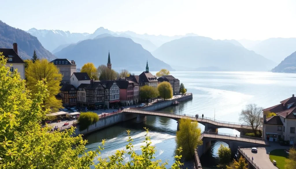 A serene spring day in Annecy, France. Sunlight dapples the calm waters of the iconic Lake Annecy, surrounded by the majestic French Alps. In the foreground, vibrant green foliage lines the picturesque Thiou River, with its charming bridges and quaint riverside cafes. The middle ground features the historic Old Town of Annecy, with its colorful half-timbered houses and narrow cobblestone streets. In the distance, the snow-capped peaks of the Alps provide a breathtaking backdrop, creating a picture-perfect scene of natural beauty and charming French architecture. The overall atmosphere is one of tranquility, warmth, and the allure of springtime in this stunning Alpine destination.