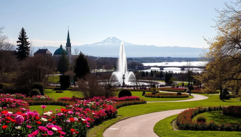 A serene spring day in Geneva, Switzerland. In the foreground, a lush public garden with vibrant blooming flowers and a winding path leading visitors through the verdant landscape. The middle ground features the iconic Jet d'Eau fountain, its powerful stream of water reaching high into the air against the backdrop of the stunning Mont Blanc massif. Warm, diffused sunlight bathes the scene, casting gentle shadows and creating a tranquil, inviting atmosphere. The cityscape in the distance is punctuated by the stately spires of historic buildings and the glistening waters of Lake Geneva, conveying the city's timeless charm and picturesque setting.
