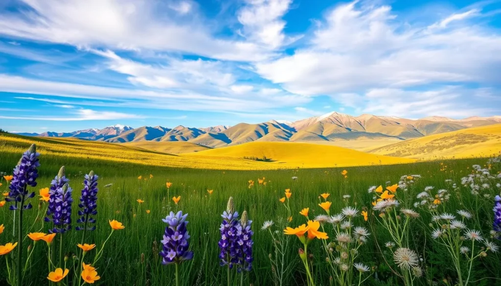 A serene springtime scene in the Sierra Foothills, California. The foreground features a vibrant tapestry of wildflowers - delicate purple lupines, golden California poppies, and fragrant white yarrow swaying gently in a soft breeze. In the middle ground, lush rolling hills covered in verdant grasses lead the eye towards a distant range of rugged, snow-capped mountains bathed in warm, golden afternoon light. The sky is a brilliant azure, with wispy clouds drifting overhead. The overall mood is one of tranquility and natural beauty, capturing the essence of spring in this picturesque region.