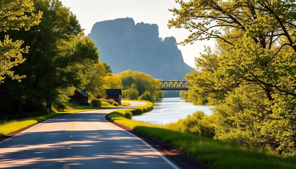 A serene stretch of the Great River Road in Illinois, winding along the Mississippi River's edge. Lush green trees line the banks, their leaves gently rustling in the warm breeze. Sunlight filters through the foliage, casting a golden glow over the tranquil waters. In the distance, a historic covered bridge stands proudly, a testament to the region's rich heritage. Towering bluffs rise on the horizon, their rugged cliffs contrasting with the smooth, flowing river. A well-maintained two-lane road offers ample opportunities to pull over and admire the stunning natural beauty that defines this scenic byway.