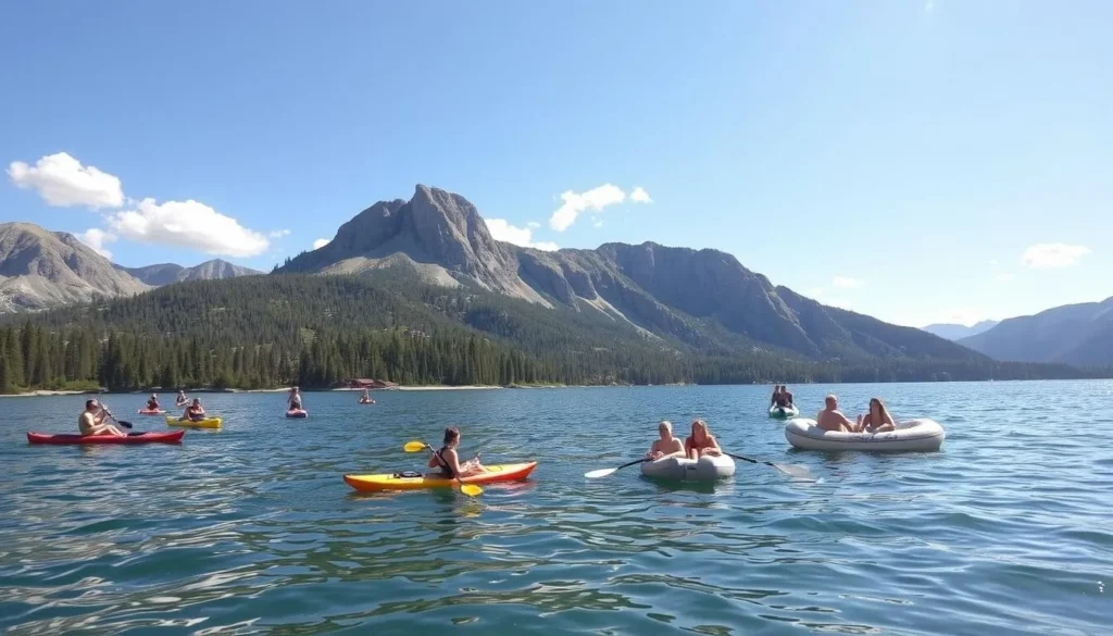A serene summer day at Granite Lake, California. In the foreground, people kayaking and paddleboarding on the crystal-clear waters, their reflections rippling in the gentle waves. In the middle ground, a group of friends lounging on inflatable rafts, sipping drinks and soaking up the warm sunshine. The background features towering granite cliffs and pine-forested slopes, bathed in a soft, golden glow from the late afternoon sun. Soft, fluffy clouds dot the bright blue sky, creating a picturesque, tranquil atmosphere perfect for a day of lakeside relaxation and water-based activities.