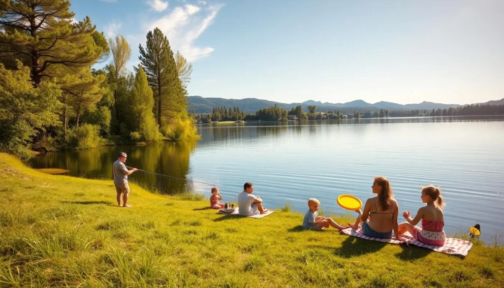 A serene summer day at Lime Saddle Lake, California. A family enjoying outdoor activities together - a father and son fishing on the calm waters, a mother and daughter picnicking on the grassy shore, children playing frisbee under the warm sun. Vibrant greens of the lush foliage, reflections dancing on the surface of the lake. Soft natural lighting, a wide-angle lens capturing the tranquil scene. A sense of togetherness, relaxation, and appreciation for the natural beauty of this picturesque location.