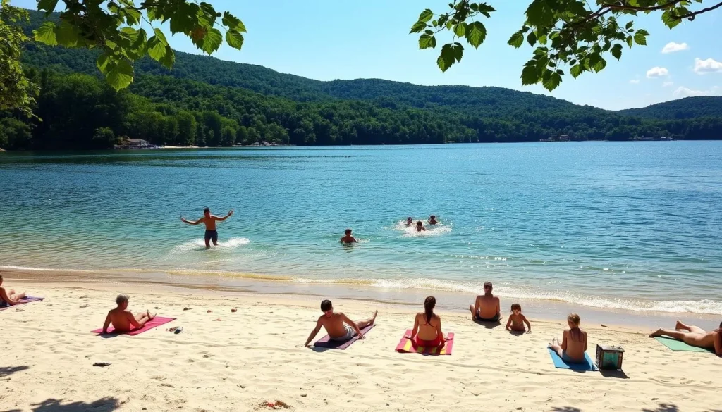 A serene summer day at the inviting swimming beaches of Lake Wallenpaupack. Warm sunlight glints off the tranquil, crystal-clear waters as beachgoers lounge on the soft, sandy shores. Families frolic in the gentle waves, while others recline on colorful towels, soaking up the sun. In the background, lush green hills and forests frame the picturesque scene, creating a peaceful, idyllic atmosphere. The scene is captured with a wide-angle lens, showcasing the expansive, picturesque lake and its natural beauty.