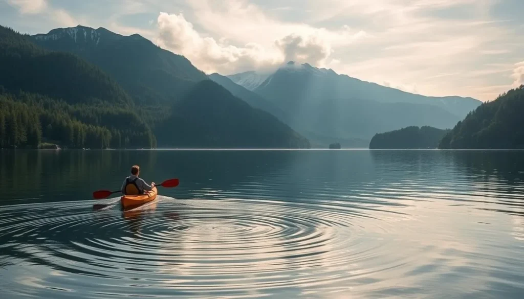 A serene summer day in the stunning Tillamook Bay, Oregon. A kayaker gracefully navigates the calm, glassy waters, surrounded by lush, verdant forests on the shore. Towering peaks of the Coast Range mountains rise majestically in the distance, their snowcapped summits reflecting in the tranquil bay. Warm, diffused sunlight filters through wispy clouds, casting a golden glow across the scene. The kayaker's paddle gently parts the surface, creating mesmerizing ripples. An idyllic, peaceful atmosphere invites the viewer to immerse themselves in the tranquility of this picturesque outdoor adventure destination.