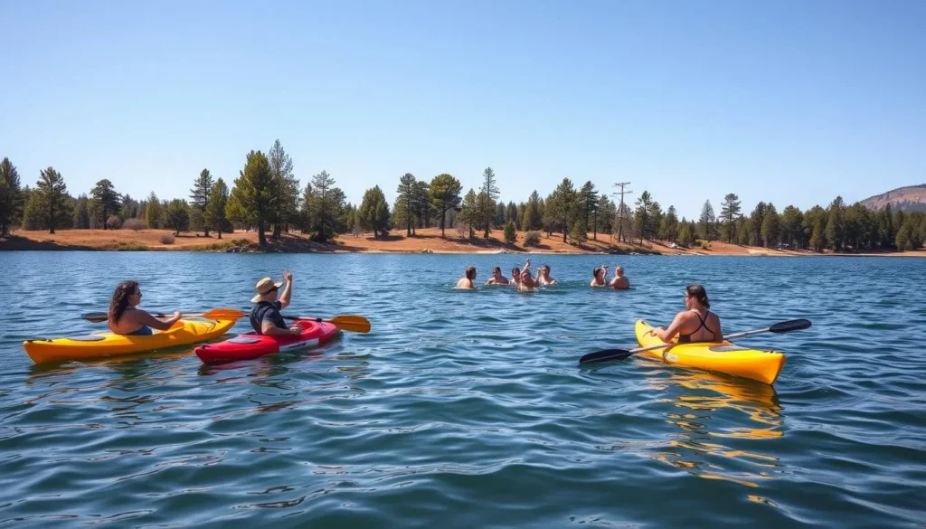 A serene summer day on Goose Lake, California. In the foreground, people paddle colorful kayaks, their oars dipping into the calm, rippling waters. The middle ground showcases a group of swimmers enjoying the cool, refreshing lake, their laughter echoing across the surface. In the background, towering pine trees line the shoreline, casting dappled shadows on the scene. The warm, golden sunlight illuminates the entire landscape, creating a tranquil and inviting atmosphere. A wide-angle lens captures the expansive view, highlighting the natural beauty of this picturesque lake setting.