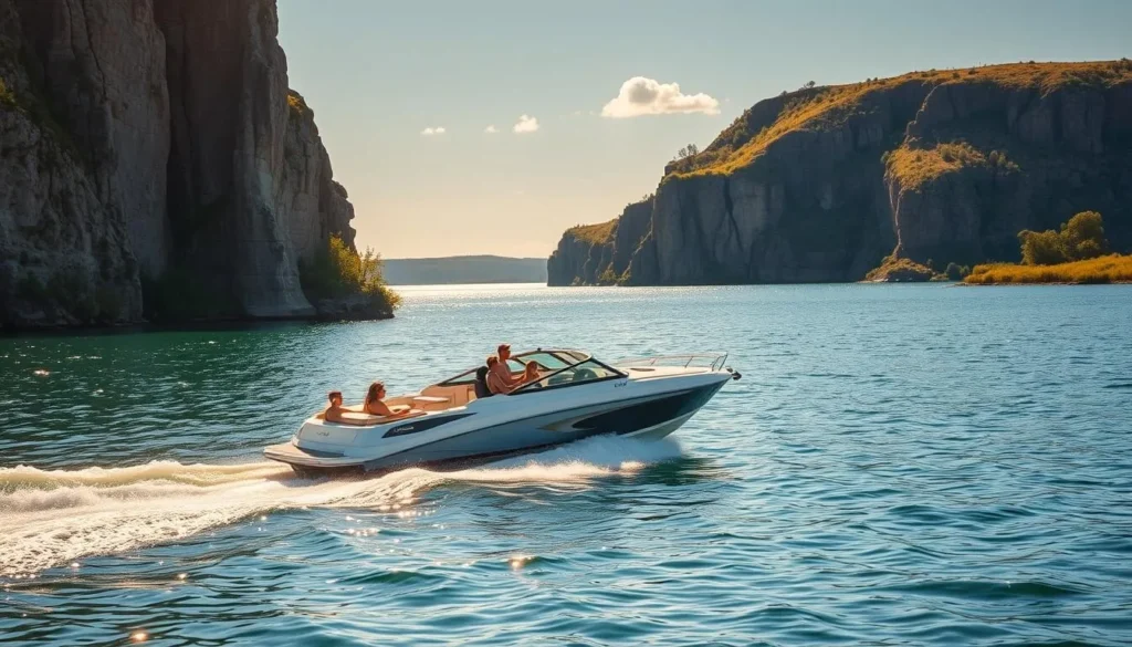 A serene summer day on the sparkling waters of Lake Sakakawea, North Dakota. Towering cliffs and lush shoreline frame the scene as a sleek powerboat glides across the glistening surface, its wake trailing behind. Families and friends onboard soak up the sun, enjoying the thrill of speed and the tranquility of the natural surroundings. The warm light casts a golden glow, highlighting the boat's gleaming hull and the vibrant greens of the shoreline vegetation. A few wispy clouds dot the azure sky, adding to the picturesque atmosphere. Capture the essence of outdoor recreation and the beauty of this stunning North Dakota landmark.