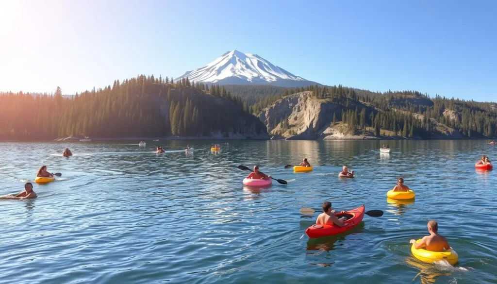 A serene summer day on the sparkling waters of Lake Shasta, California. In the foreground, people enjoy various water activities - kayakers glide across the calm surface, while swimmers and inflatable tubes drift lazily. The middle ground showcases towering pine-covered cliffs reflecting in the crystal-clear lake. In the background, the majestic Mount Shasta looms, its snow-capped peak bathed in warm, golden sunshine. The scene exudes a tranquil, picturesque atmosphere, inviting viewers to imagine themselves immersed in the beauty of this idyllic lake setting.