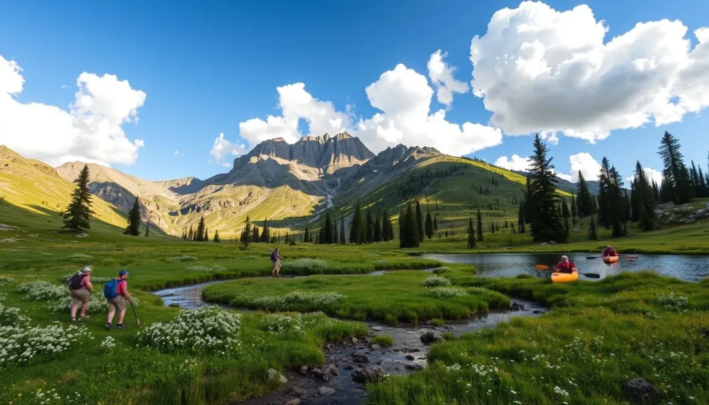 A serene summer scene in the Yolla Bolly-Middle Eel Wilderness, California. Hikers explore lush meadows dotted with wildflowers, while a crystal-clear stream winds through the verdant landscape. In the background, rugged mountain peaks rise, their slopes bathed in warm, golden sunlight. Fluffy white clouds drift overhead, casting gentle shadows across the tranquil scene. Adventurous souls paddle canoes on a tranquil lake, surrounded by towering pines and the soothing sounds of nature. The atmosphere is one of peaceful rejuvenation, inviting visitors to immerse themselves in the beauty and tranquility of this remarkable wilderness.