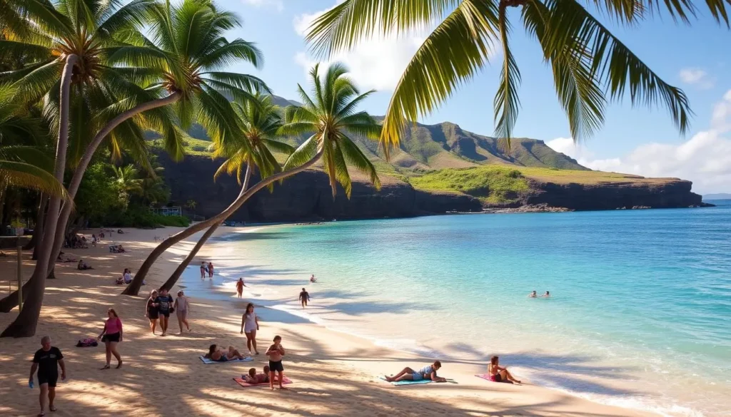 A serene, sun-dappled Kama'ole Beach Park in Maui, Hawaii. The crystal-clear turquoise waters of the Pacific gently lap against the soft, golden sand. Towering palm trees sway in the gentle breeze, casting dappled shadows across the beach. In the foreground, people stroll along the water's edge, enjoying the tranquil scene. The middle ground features families relaxing on colorful beach towels, some swimming in the inviting waves. The background showcases the lush, verdant cliffs and hills that frame the picturesque bay. The scene is bathed in warm, golden light, creating a serene and inviting atmosphere. Capture the essence of this idyllic Hawaiian beach park, showcasing its natural beauty and the joyful leisure of visitors.