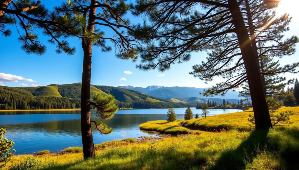 A serene, sun-dappled Kensington Reservoir nestled amidst lush, rolling hills. In the foreground, a tranquil lake reflects the surrounding verdant landscape and a cloudless azure sky. Towering pine trees frame the scene, their branches casting gentle shadows across the still waters. In the middle ground, a grassy shore dotted with vibrant wildflowers invites visitors to explore. The background features a distant line of mountains, their peaks capped with a dusting of snow. Warm, golden light bathes the entire composition, evoking a sense of peaceful solitude and natural wonder.