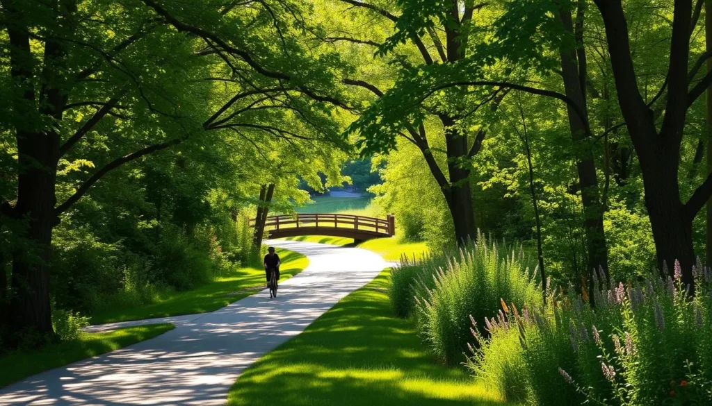 A serene, sun-dappled afternoon along the Loveland Bike Trail, winding through lush, verdant foliage. The trail meanders gracefully, lined with towering hardwood trees casting dappled shadows. Cyclists leisurely pedal past, enjoying the tranquil, picturesque setting. In the distance, a wooden bridge arches over a babbling brook, framed by vibrant wildflowers and verdant shrubbery. The warm, golden light filters through the canopy, creating a warm, inviting atmosphere that perfectly captures the charming essence of Loveland, Ohio.