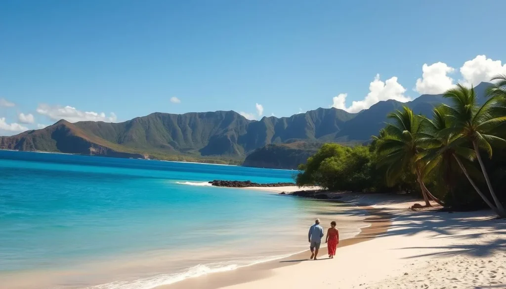 A serene, sun-dappled beach on the picturesque island of Niue, with a pristine, palm-fringed shoreline and crystal-clear turquoise waters. In the foreground, a few local residents strolling along the tranquil sand, enjoying the peaceful ambiance. The middle ground features lush, verdant tropical foliage, hinting at the island's lush, unspoiled landscapes. In the background, rolling hills and dramatic cliffs rise up, creating a stunning natural backdrop. The lighting is warm and gentle, casting a soft, golden glow over the entire scene, evoking a sense of relaxation and serenity. Captured with a wide-angle lens to showcase the island's serene beauty and offer a glimpse of the uncrowded, relaxed experience that awaits visitors.