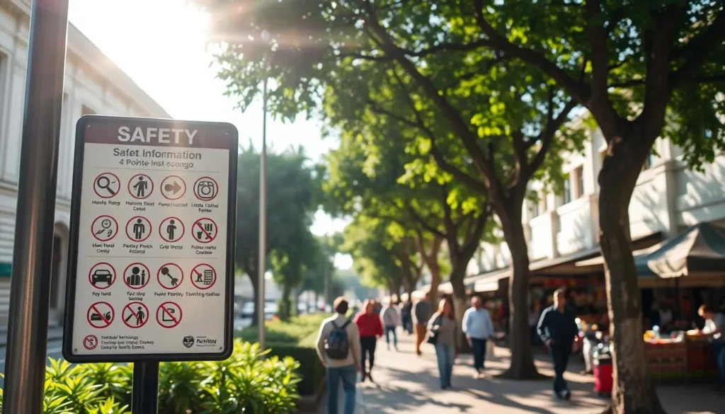 A serene, sun-dappled city street in Pointe-Noire, Congo, with a prominent safety information sign in the foreground. The sign displays universal safety symbols and pictograms, providing clear guidance to visitors. In the middle ground, pedestrians stroll along the sidewalk, enjoying the lush greenery and well-maintained buildings. The background features a bustling marketplace, showcasing the vibrant local culture. The lighting is soft and natural, lending a sense of safety and security to the scene. The overall atmosphere is one of tranquility and order, reflecting the practical information visitors need to navigate the city with confidence.