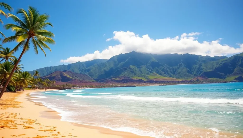 A serene, sun-dappled coastline along Baldwin Beach, Maui. The foreground features a pristine, golden sand beach dotted with swaying palm trees. In the middle ground, turquoise waves gently lap against the shore, while lush, verdant mountains rise in the distant background, their peaks capped with wispy clouds. The scene is bathed in warm, natural light, creating a tranquil, inviting atmosphere. Capture the beauty and allure of this iconic Hawaiian destination, showcasing its stunning natural splendor.