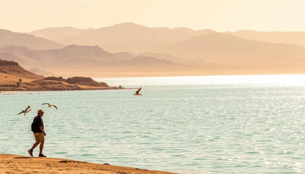 A serene, sun-dappled day at the Salton Sea, California's largest inland body of water. In the foreground, a lone visitor explores the shoreline, taking in the serene vistas of the turquoise waters and rugged, sun-baked landscapes. In the middle ground, a flock of birds gracefully glides above the glistening surface, while in the distance, the silhouettes of palm trees and rolling hills frame the scene. The warm, golden light bathes the entire landscape, creating a hazy, dreamlike atmosphere that evokes the tranquility and isolation of this unique natural wonder. Capture the essence of a Salton Sea visit - a chance to escape the hustle and bustle and immerse oneself in the serene beauty of this remarkable desert oasis.