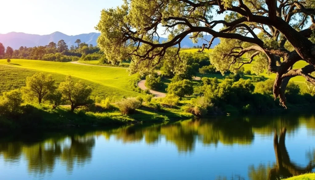 A serene, sun-dappled landscape of the Santa Clara County Reservoir in California. In the foreground, a tranquil lake reflects the lush, rolling hills and vibrant greenery of the surrounding nature preserve. Majestic oak trees line the shores, their branches casting soft shadows across the water. In the middle ground, a winding hiking trail leads through a verdant forest, inviting visitors to explore the area's abundant wildlife. The background features the rugged silhouettes of distant mountains, their peaks bathed in warm, golden light. The scene conveys a sense of peaceful, unspoiled beauty, perfect for nature lovers seeking a serene outdoor escape.