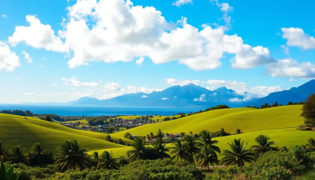 A serene, sun-dappled landscape on Norfolk Island, with rolling green hills dotted with palm trees in the foreground. In the middle ground, a quaint village nestled among the lush foliage, its charming cottages and buildings basking in the warm, golden light. Distant mountains rise majestically in the background, their peaks capped with a wispy veil of clouds. The sky is a brilliant azure, punctuated by fluffy, cotton-candy clouds that cast gentle shadows across the scene. A tranquil atmosphere pervades the image, capturing the idyllic climate and natural beauty of this Pacific gem.