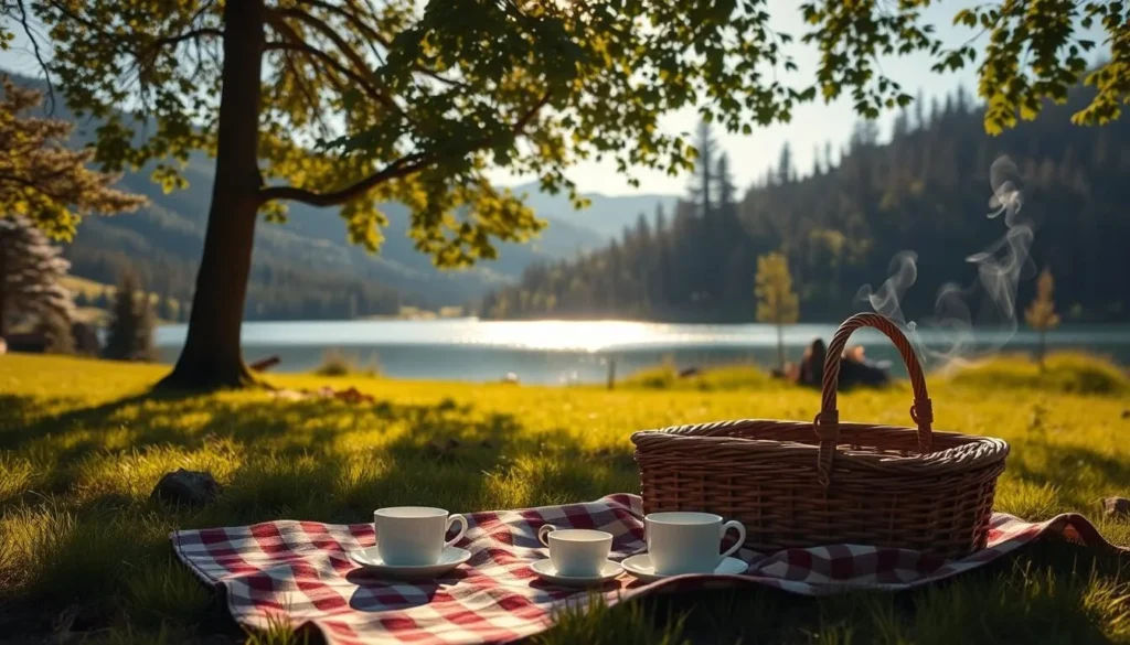 A serene, sun-dappled meadow beside a glistening lake, surrounded by verdant hills and towering pines. In the foreground, a cozy picnic setup with a checkered blanket, wicker basket, and porcelain teacups. Soft, natural light filters through the canopy, casting a warm, peaceful glow over the idyllic scene. A gentle breeze rustles the leaves, creating a soothing, tranquil atmosphere. Wisps of smoke curl from a nearby campfire, hinting at the simple pleasures of outdoor leisure. The composition is balanced, inviting the viewer to linger and soak in the serene beauty of this secluded, picturesque spot.