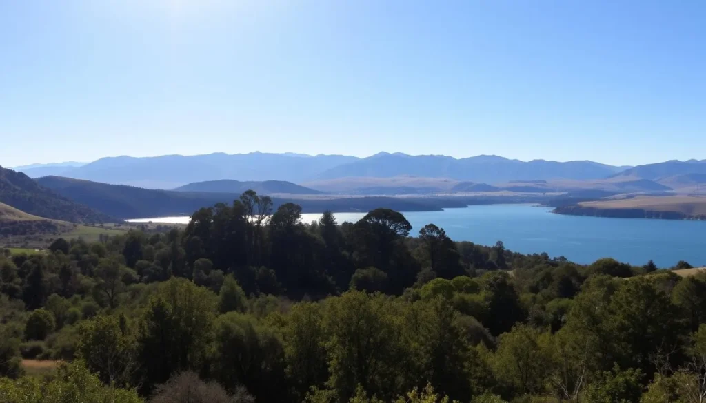 A serene, sun-dappled panorama of the San Luis Reservoir, nestled amidst rolling hills and verdant landscapes. In the foreground, the glistening waters of the reservoir stretch out, inviting visitors to explore its shores. The middle ground features lush, wooded areas with towering trees, casting gentle shadows across the scene. In the background, majestic mountains rise up, their peaks bathed in warm, golden light. The overall atmosphere is one of tranquility and natural beauty, perfectly capturing the essence of this stunning California destination.