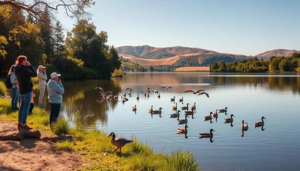 A serene, sun-dappled scene at Kensington Reservoir, California. In the foreground, a group of birdwatchers silently observe a flock of vibrant waterfowl - ducks, geese, and herons - gliding across the still, mirrored surface of the lake. The middle ground features lush, verdant vegetation lining the reservoir's banks, while the background showcases rolling hills and a clear, azure sky. Warm, soft lighting filters through the trees, creating a tranquil, atmospheric ambiance. Capture this peaceful wildlife watching experience with a high-resolution, photorealistic rendering.