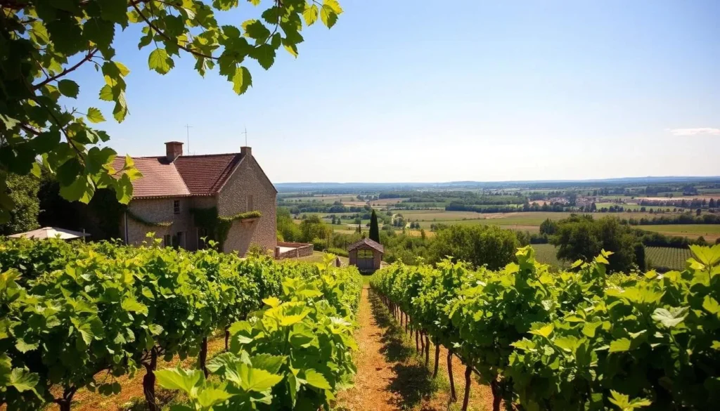 A serene, sun-dappled scene in the Loire Valley, France. In the foreground, rows of lush, verdant vines stretch out, their leaves gently swaying in the breeze. Mid-ground, a quaint, stone winery with a rustic charm, its walls adorned with trailing ivy. In the background, the rolling hills and picturesque countryside unfold, framed by a cloudless, azure sky. The warm, golden light bathes the entire landscape, creating a captivating, bucolic atmosphere. A tranquil, inviting scene that captures the essence of Loire Valley wine tourism.