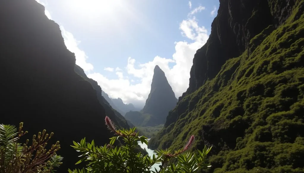 A serene, sun-dappled scene of Īao Valley on the island of Maui, Hawaii. Lush, verdant walls of volcanic rock rise up on either side, framing a winding river below. Sunlight filters through wispy clouds, casting a warm, golden glow over the tranquil landscape. In the foreground, a cluster of native Hawaiian flora sways gently in a light breeze. The middle ground features the iconic Īao Needle, a towering basalt formation, standing tall against the backdrop of the rugged valley walls. Overall, the image conveys a sense of peace, natural beauty, and the idyllic weather that makes this a popular destination for visitors to the Hawaiian islands.