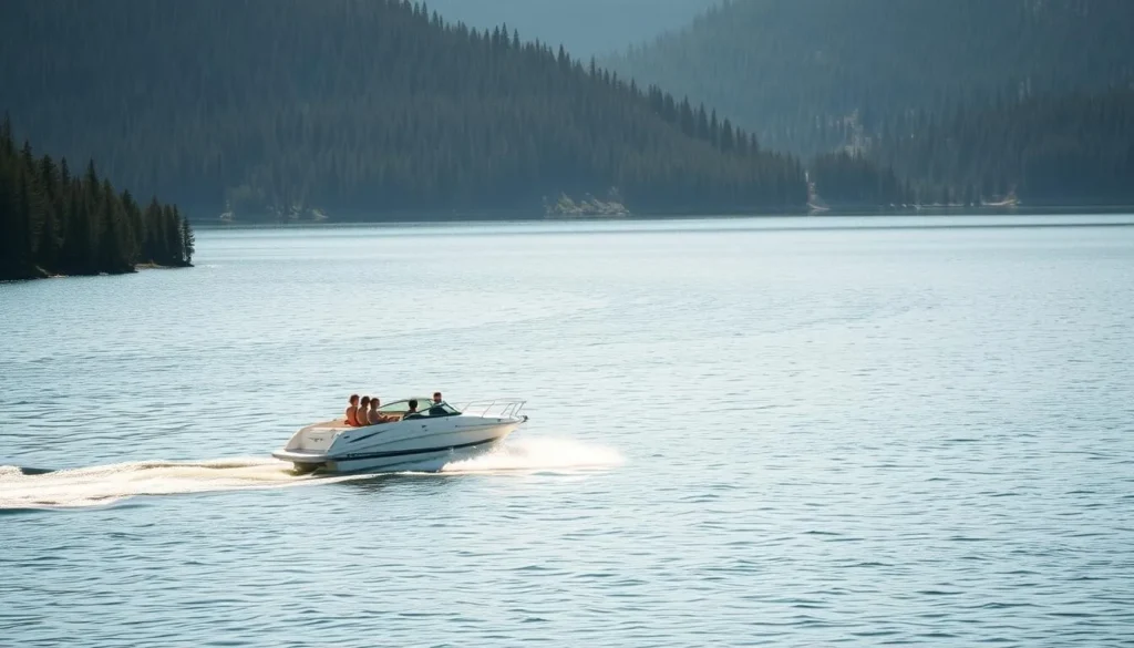 A serene, sun-dappled scene of Lake Almanor, California, where a sleek white motorboat glides across the tranquil waters, its wake trailing behind. The forested shoreline rises gently in the background, framing the picturesque landscape. In the middle ground, a group of people relax on the boat, enjoying the gentle breeze and the stunning natural beauty that surrounds them. The lighting is soft and diffused, creating a warm, inviting atmosphere. The camera angle is slightly elevated, capturing the scene from a slightly elevated perspective, showcasing the vast expanse of the lake and the lush, verdant shores. The overall mood is one of serene relaxation and the joy of outdoor water recreation.