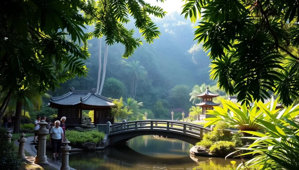 A serene, sun-dappled scene of Liliʻuokalani Gardens on the Big Island of Hawaii. Lush tropical foliage frames a tranquil pond with a graceful arched bridge. Visitors explore the gardens, taking in the ornate pagodas, stone lanterns, and traditional Japanese architectural elements. The atmosphere is one of peaceful contemplation, inviting guests to slow down and immerse themselves in the natural beauty. Soft, diffused lighting filters through the canopy, creating a warm, inviting ambiance. Capture the essence of this iconic Hawaiian landmark, a haven for both locals and travelers alike.