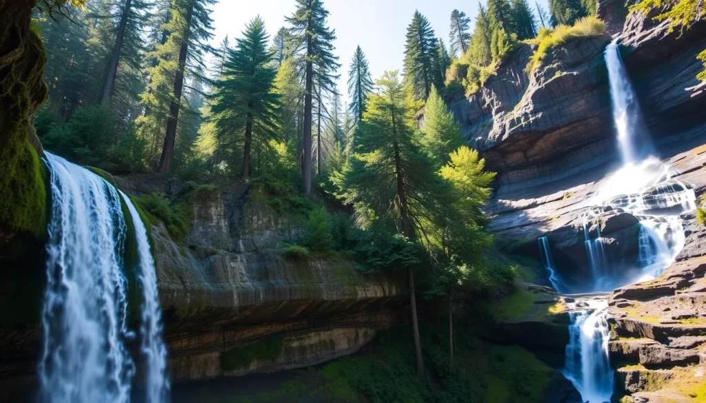 A serene, sun-dappled scene of Silver Falls State Park's majestic waterfalls. In the foreground, a cascading, silver-hued waterfall plunges over mossy cliffs, its misty spray catching the warm sunlight. The middle ground reveals a lush, verdant forest canopy, with towering Douglas firs and bigleaf maples framing the falls. In the background, additional waterfalls tumble down the rugged, basalt-lined canyon, creating a symphony of rushing water. The scene exudes a tranquil, almost meditative atmosphere, inviting the viewer to immerse themselves in Oregon's natural splendor.