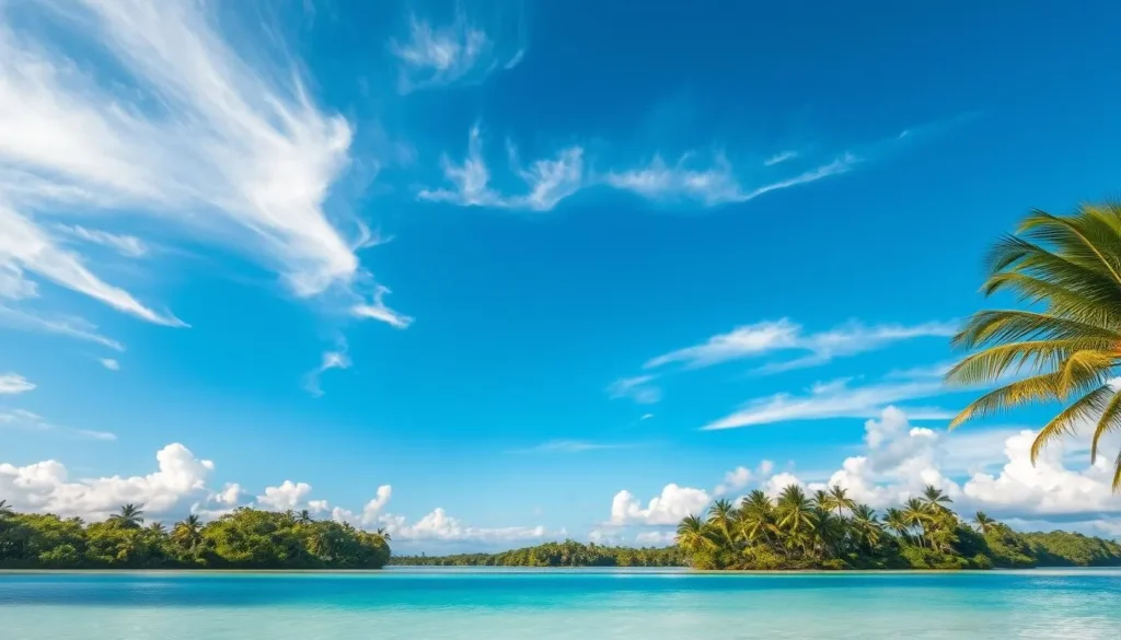 A serene, sun-dappled scene of Tuvalu's picturesque cloud cover. Wispy, cumulus formations drift lazily across a vibrant azure sky, casting fleeting shadows over the lush, verdant landscape below. In the foreground, a tranquil lagoon reflects the play of light and shadow, its crystal-clear waters shimmering invitingly. Gentle breezes ruffle the palm fronds, creating a soothing, tropical ambiance. The overall mood is one of peaceful, island-paradise bliss, perfectly capturing the weather-savvy appeal of Tuvalu during its optimal sunshine months.