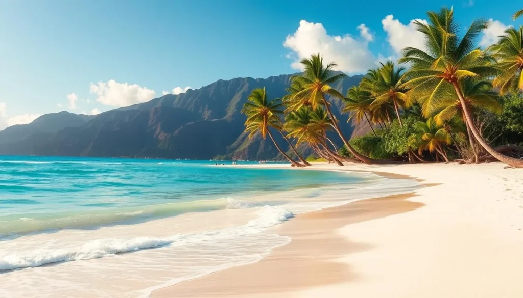 A serene, sun-dappled scene of White Sands Beach Park on the Big Island of Hawaii. In the foreground, soft white sand stretches towards the crystal-clear turquoise waters of the Pacific Ocean. Gentle waves caress the shoreline, their soothing rhythm accentuated by the warm, tropical breeze. In the middle ground, lush palm trees sway gracefully, their fronds casting dappled shadows across the sand. The background is dominated by the majestic, volcanic peaks of the island, their steep slopes cloaked in verdant foliage. The overall mood is one of tranquility and natural beauty, perfectly capturing the essence of the best times to visit this idyllic Hawaiian paradise.