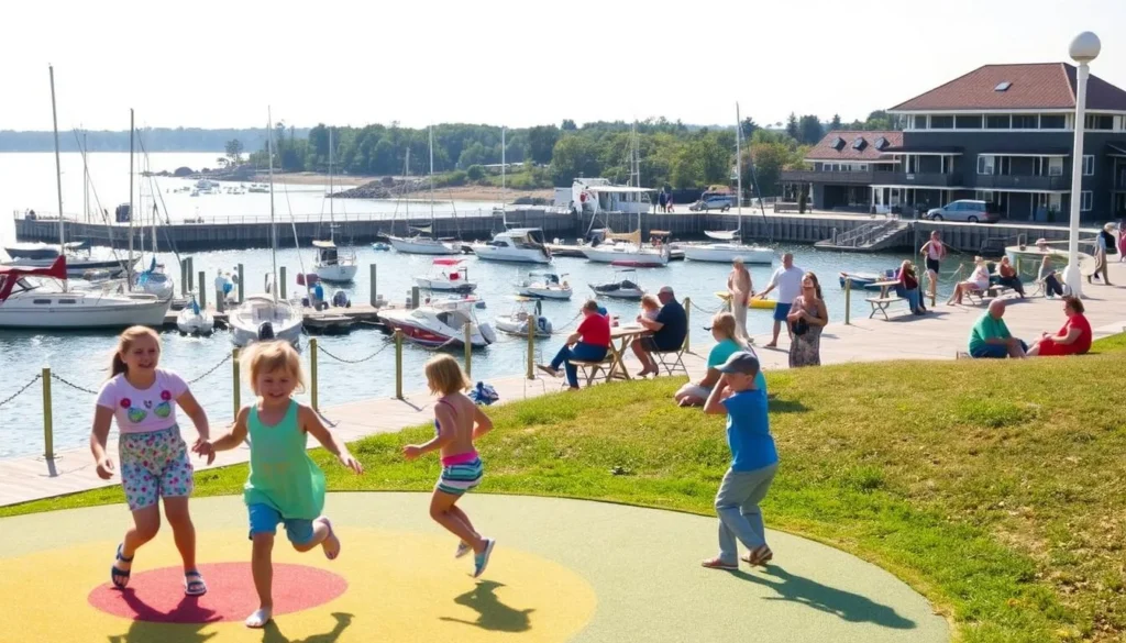 A serene, sun-dappled scene of a bustling family-friendly pier on Put-in-Bay Island, Ohio. In the foreground, children joyfully play on a colorful playground, their laughter echoing through the air. In the middle ground, parents and grandparents picnic on a grassy knoll, savoring the island's tranquil atmosphere. The background features a picturesque harbor filled with sailboats and kayaks, the clear waters glistening under a warm, golden sky. The overall mood is one of carefree relaxation and cherished quality time, capturing the essence of the island's best family-friendly attractions.