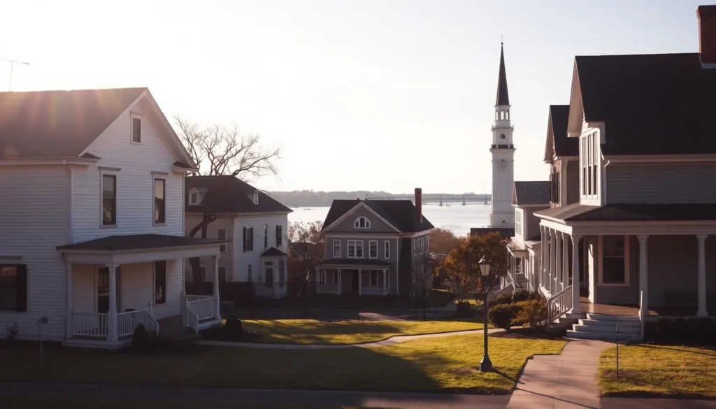 A serene, sun-dappled scene of historic buildings and landmarks in Hannibal, Missouri. In the foreground, the iconic Mark Twain Boyhood Home and Museum stands proudly, its white clapboard siding and inviting porch beckoning visitors. In the middle ground, the stately Hannibal Post Office and the picturesque Clemens House cast long shadows across the well-tended lawns. In the background, the towering spires of the First Presbyterian Church and the gleaming Mississippi River create a picturesque backdrop, evoking the town's rich history and enduring charm. Crisp, high-resolution imagery with a warm, nostalgic tone that captures the essence of Hannibal's best historical attractions.
