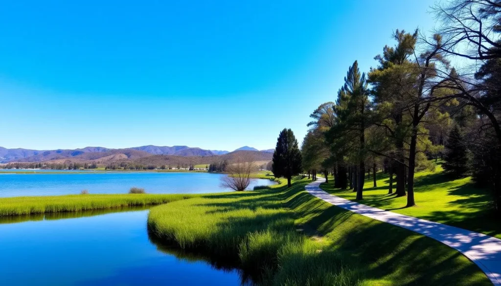 A serene, sun-dappled scene of the Kensington Reservoir in California. In the foreground, a placid lake reflects the lush, verdant shoreline and the vibrant blue sky above. Clusters of tall, slender trees line the banks, their branches swaying gently in a light breeze. In the middle ground, a paved walking path winds through the tranquil landscape, inviting visitors to explore. The background features rolling hills, capped with the soft, hazy silhouettes of distant mountains. The overall atmosphere is one of peaceful calm, perfectly capturing the natural beauty of this picturesque location.