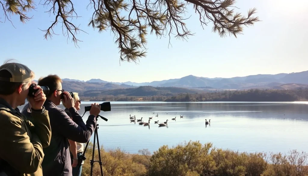 A serene, sun-dappled scene of wildlife observation at Lake San Antonio, California. In the foreground, a group of birdwatchers with high-powered binoculars and telephoto lenses, captivated by the vibrant display of local avifauna. In the middle ground, a tranquil lake reflecting the surrounding oak-studded hills, with geese and waterfowl gliding across the glassy surface. In the background, a panoramic vista of the rugged, rolling terrain, bathed in the warm glow of the afternoon sun. The atmosphere is one of peaceful contemplation, as visitors immerse themselves in the natural splendor of this picturesque setting.