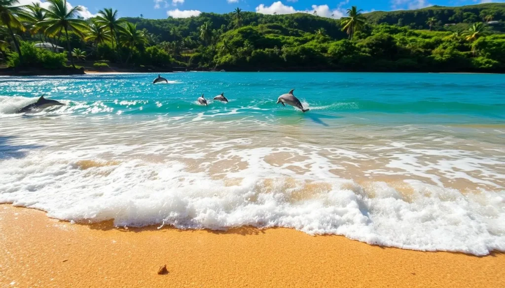 A serene, sun-dappled seascape at Po'ipu Beach Park, Kauai. In the foreground, gentle waves caress the golden sand, their soft, rhythmic movements captured in intricate detail. The middle ground features a tranquil ocean, its shimmering surface reflecting the brilliant azure sky above. Farther out, a few playful dolphins leap through the waves, their sleek bodies cutting gracefully through the water. The background showcases the lush, verdant coastline, with swaying palm trees and vibrant tropical foliage framing the scene. The lighting is warm and natural, creating a sense of calm and relaxation. Captured with a wide-angle lens, this image showcases the picturesque beauty and inviting ocean conditions of this popular Hawaiian beach destination.