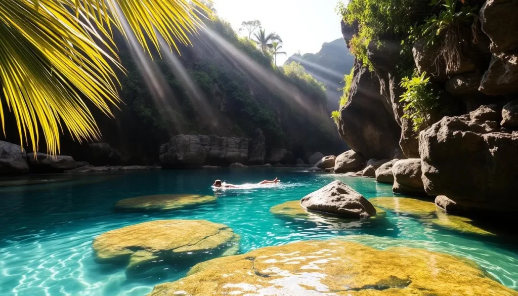 A serene, sun-dappled tidal pool nestled amidst lush, verdant cliffs. Crystalline turquoise waters invitingly lap against smooth, weathered boulders. Beams of golden light filter through swaying palm fronds, casting a warm, ethereal glow over the tranquil scene. A lone swimmer glides effortlessly through the calm, reflective surface, their graceful movements creating gentle ripples. Towering cliffs with cascading greenery frame the peaceful oasis, hinting at the rugged natural beauty that surrounds this hidden gem. An atmosphere of tranquility and rejuvenation pervades, capturing the essence of an idyllic day at Queen's Bath, Kauai.