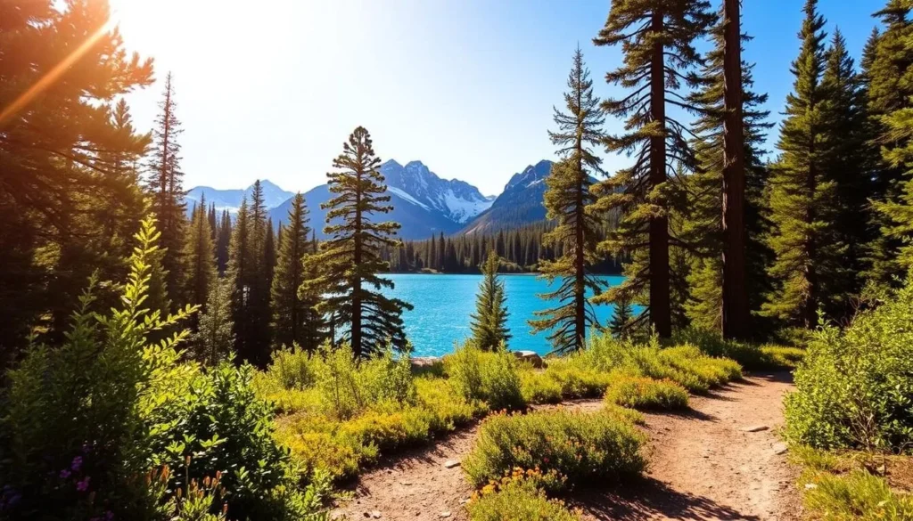 A serene, sun-dappled trail winds its way along the banks of Lake Siskiyou, surrounded by verdant pines and towering mountain peaks. In the foreground, a well-maintained path invites hikers to explore, with lush foliage and colorful wildflowers lining the route. The middle ground features the glistening azure waters of the lake, reflecting the sky and the rugged, snow-capped peaks in the distance. Warm, golden sunlight filters through the trees, casting a soft, natural glow over the entire scene. The atmosphere is one of tranquility and natural beauty, capturing the essence of the Lake Siskiyou Loop Trail.