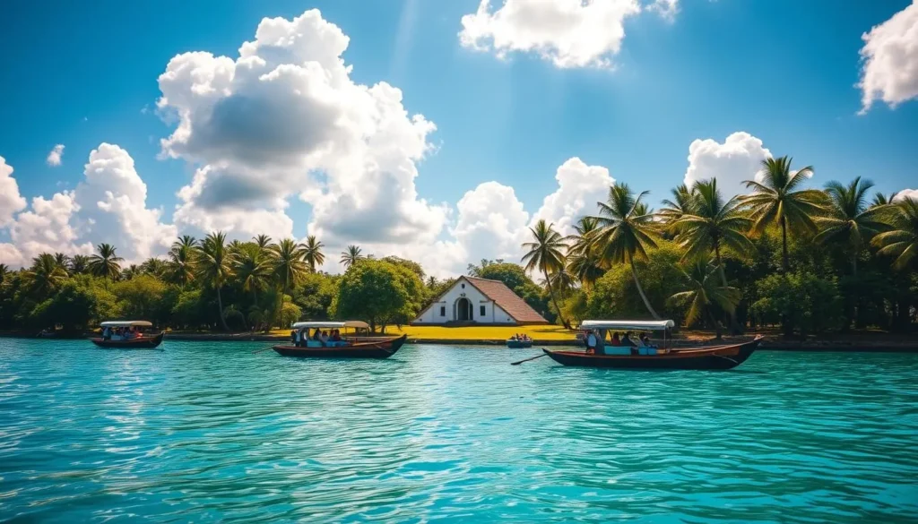 A serene, sun-dappled view of Bacalar's stunning Laguna Azul, or "Blue Lagoon." In the foreground, the crystal-clear turquoise waters reflect the fluffy, cumulus-dotted azure sky. Lush, verdant palm trees sway gently in a warm, coastal breeze. Across the tranquil lake, traditional wooden boats float peacefully, their occupants enjoying the idyllic scene. The middle ground features a picturesque, whitewashed building nestled amidst the verdant foliage, casting long shadows. In the background, ancient Mayan ruins peek out from behind the verdant canopy, hinting at the region's rich cultural heritage. Warm, golden sunlight bathes the entire landscape, creating a serene, postcard-perfect atmosphere.