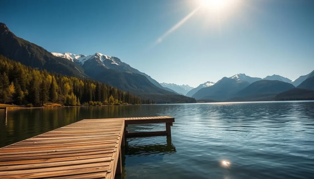 A serene, sun-dappled view of Georgetown Lake, nestled amidst the rugged peaks of the Montana wilderness. The crystal-clear waters reflect the towering mountains in the distance, their snow-capped summits glimmering under the warm, golden light. In the foreground, a wooden dock juts out into the lake, inviting visitors to cast a line or simply take in the breathtaking panorama. Lush, verdant forests line the shoreline, adding to the sense of tranquility and natural beauty. The scene exudes a sense of peaceful isolation, capturing the essence of Montana's hidden gem - a true outdoor paradise waiting to be discovered.