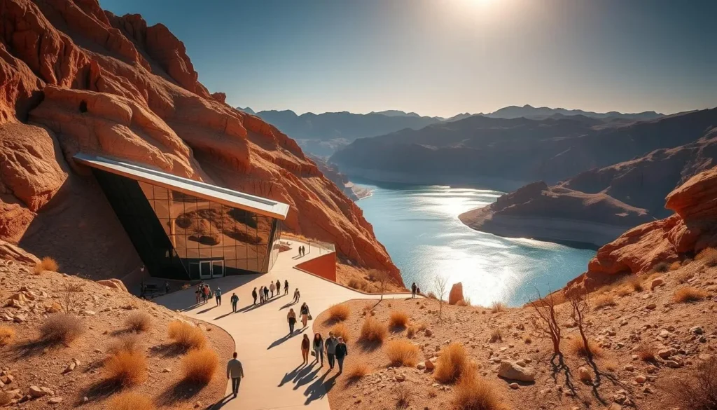 A serene, sun-dappled vista of the Lake Mead Visitor Center, nestled amid the rugged, ochre-hued cliffs of the Mojave Desert. The building's modern, angular architecture stands in contrast to the timeless, natural landscape, its glass facade reflecting the shimmering waters of the vast lake. Visitors stroll along the inviting pathways, taking in the breathtaking panoramic views. Warm, directional lighting casts long shadows, evoking a sense of tranquility and discovery. The scene conveys the spirit of this iconic American recreation area, welcoming all to explore its wonders.