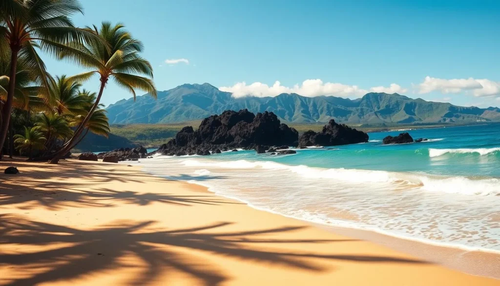 A serene, sun-drenched beach on the lush, verdant slopes of Mauna Kea, Hawaii. In the foreground, soft golden sand leads to gentle lapping waves, their turquoise hues reflecting the pristine sky. Swaying palm trees line the coastline, casting dappled shadows across the scene. In the middle ground, volcanic rock formations jut out from the water, their weathered surfaces contrasting with the smooth, undulating surf. The distant mountains rise majestically, their peaks capped with wispy clouds, creating a picturesque, postcard-worthy vista. The overall mood is one of tranquility and natural beauty, inviting the viewer to lose themselves in the breathtaking splendor of this Hawaiian paradise.