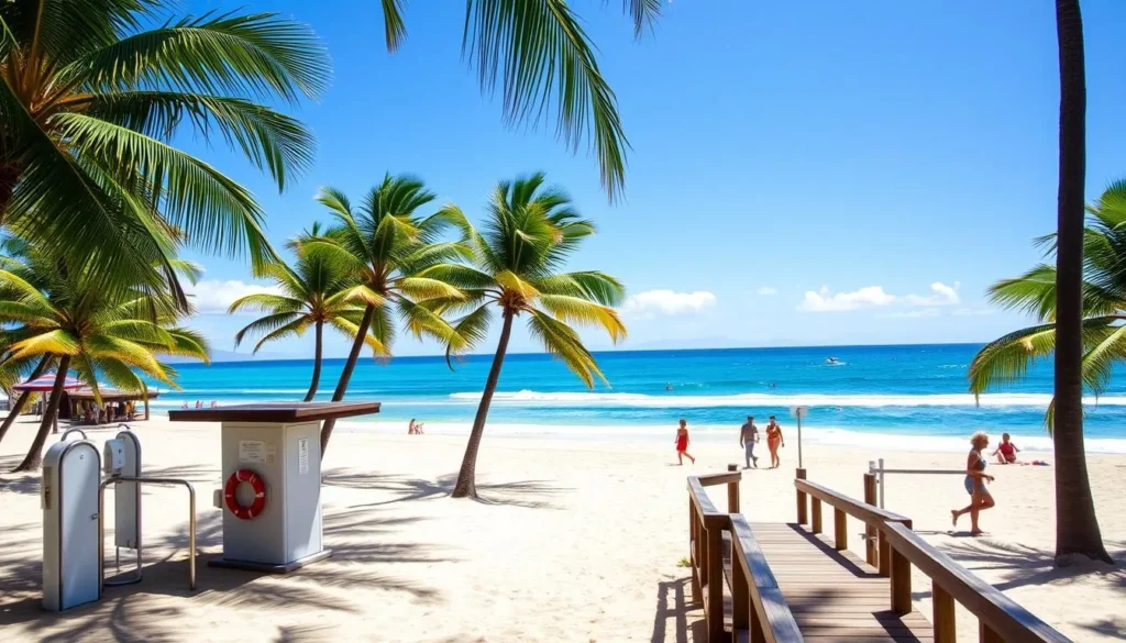 A serene, sun-drenched beach scene on the Hawaiian island of Kauai. In the foreground, well-maintained beach facilities including a lifeguard station, showers, and a wooden boardwalk leading to the pristine sand. Vibrant green palm trees sway gently in the background, framing the cerulean ocean and a clear, cloudless sky. Beachgoers casually stroll along the shoreline, enjoying the warm, gentle breeze. A tranquil, inviting atmosphere that captures the essence of the perfect Hawaiian beach day.