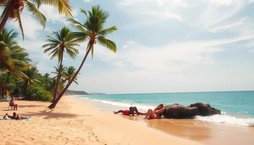 A serene, sun-drenched tropical beach in Pointe-Noire, Congo. Pristine golden sand stretches out, framed by swaying palm trees and lush, verdant foliage. Turquoise waves gently lap at the shore, creating a soothing, rhythmic ambiance. Beachgoers relax on colorful towels, taking in the picturesque scenery. Bright, diffused sunlight filters through wispy clouds, casting a warm, inviting glow over the entire scene. In the distance, the horizon blends seamlessly with the boundless, azure sky. An idyllic, tranquil tableau capturing the natural beauty of this coastal destination.