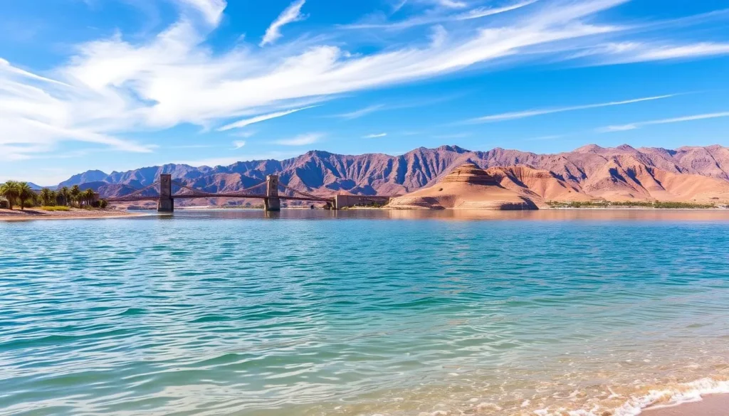 A serene, sunny day at Lake Havasu, Arizona. In the foreground, the tranquil azure waters of the lake gently lap against the sandy shores, dotted with palm trees swaying in a light breeze. The middle ground reveals the iconic London Bridge, a historic landmark reflecting its arched silhouette in the still surface. In the background, majestic desert mountains rise, their rugged slopes bathed in warm, golden light. Wispy clouds drift across a brilliant blue sky, casting soft shadows on the landscape below. The overall scene conveys a sense of peaceful relaxation, perfect for a lakeside getaway.