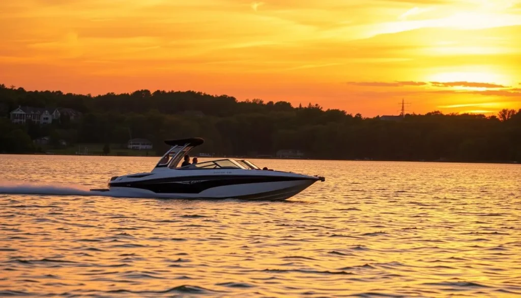 A serene sunset cruise on the tranquil waters of Lake of the Ozarks. The warm, golden light bathes the scene, casting a gentle glow across the rippling surface. In the foreground, a sleek, modern boat glides effortlessly, its passengers enjoying the breathtaking view. The middle ground reveals lush, verdant shorelines dotted with picturesque homes and docks. In the distance, the horizon is painted with a vibrant array of oranges, pinks, and purples, creating a stunning natural backdrop. The atmosphere is one of relaxation and wonder, inviting the viewer to imagine the peaceful serenity of a Lake of the Ozarks sunset cruise.