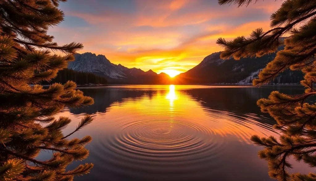 A serene sunset over the tranquil waters of Summit Lake, nestled within the majestic Lassen Peak Range in California. The golden rays of the sun dance across the still surface, casting a warm glow on the surrounding granite peaks. In the foreground, lush evergreen trees frame the scene, their reflection mirrored perfectly in the lake. A gentle breeze ripples the water, creating a mesmerizing pattern of light and shadow. The sky is awash in hues of orange, pink, and purple, creating a breathtaking display that seems to go on forever. This idyllic landscape, with its pristine natural beauty, invites the viewer to pause, take a deep breath, and soak in the tranquility of the moment.